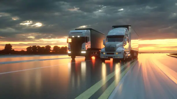 Photo of Two trucks on the road, highway. Transports, logistics concept. 3d rendering