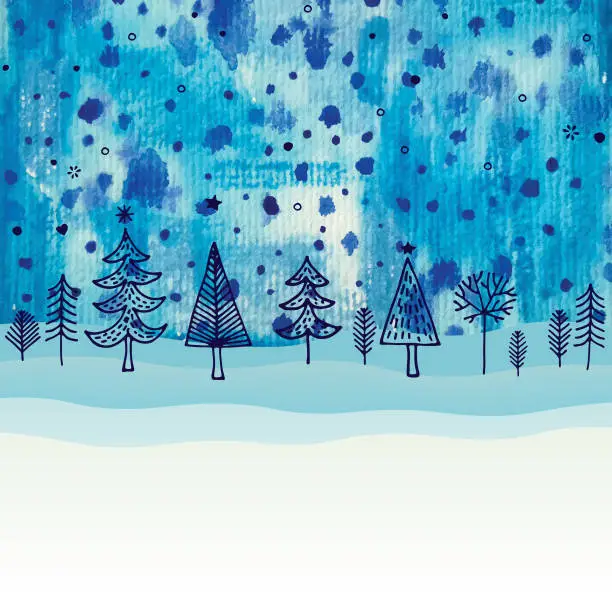 Vector illustration of Watercolor Snowing Forest Winter Landscape Seasonal Background