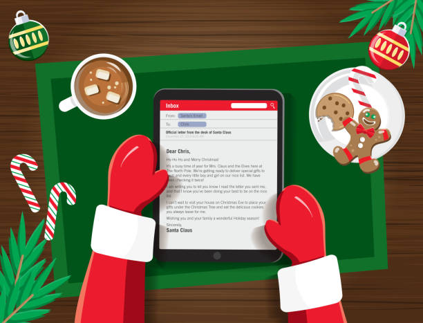 Santa Writing a email on a tablet device at a desk with Christmas Elements Vector illustration of a generic Santa Writing a email on a tablet device at a desk with Christmas Elements. Includes written letter and , cute Santa arms. Lot's of decorations including cookies, hot chocolate, christmas ornaments, candy canes and garland on a wooden desk. Easy to edit. Vector EPS 10. holiday email templates stock illustrations