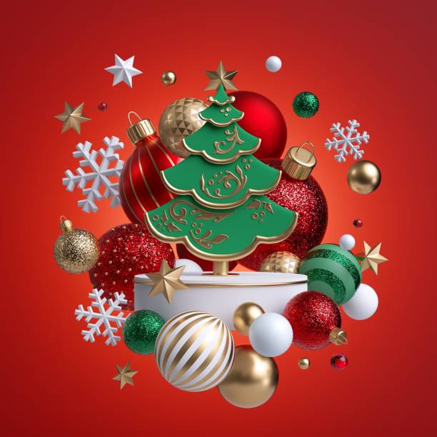 3d рождественские украшения елки, изолированные на красном фоне. зимний праздник сезонный декор: праздничные стеклянные шары, золотые звезд - christmas 3d стоковые фото и изображения