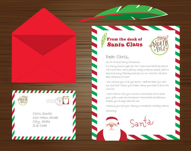 Set of Santa Claus letters, envelope and quill pen on wooden background Vector illustration of a Set of Santa Claus letters, envelope and quill pen on wooden background. Includes written letter and North Pole stamp, cute Santa. Easy to edit. Vector EPS 10. santa letter stock illustrations