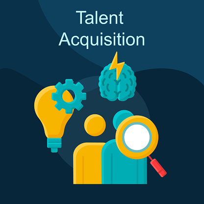 Talent acquisition flat concept vector icon. Recruiting process idea cartoon color illustrations set. Attracting and hiring skilled employee. Source potential hires. Isolated graphic design element