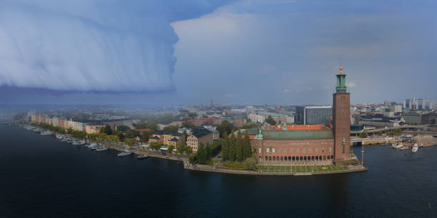 Storm and Stockholm city hall, drone view