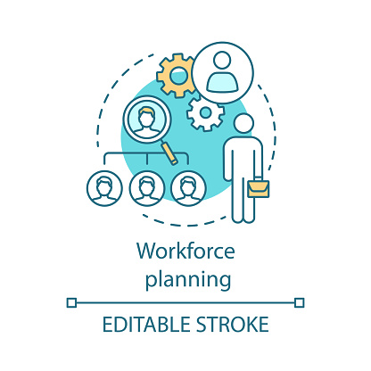 Workforce planning concept icon. Recruiting process idea thin illustration. Employment. Business strategy. Talent acquisition. Source potential hires. Vector isolated outline drawing. Editable stroke