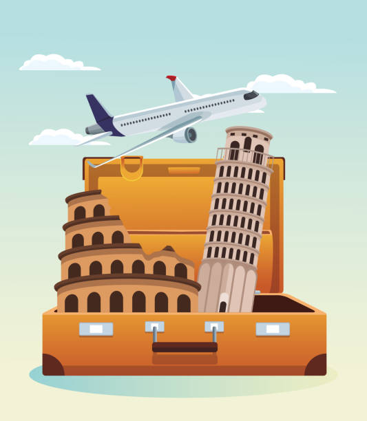 istock airplane flying and travel suitcase with pisa tower and roma coliseum over sky background 1189214741
