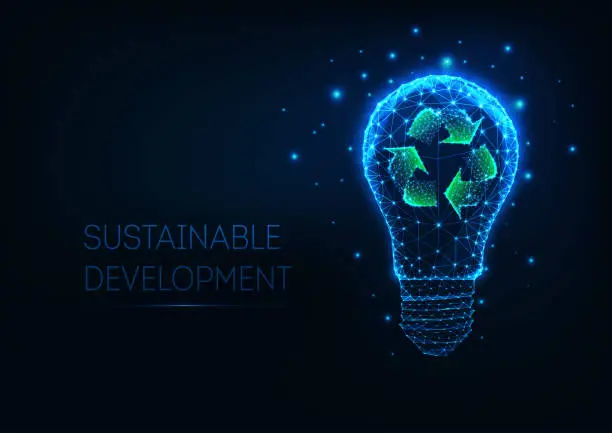 Vector illustration of Futuristic sustainable development concept with glowing low polygonal light bulb and recycle sign