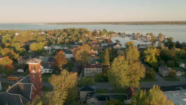 Aerial View Over the small riverfront town of Castleton by the Hudson