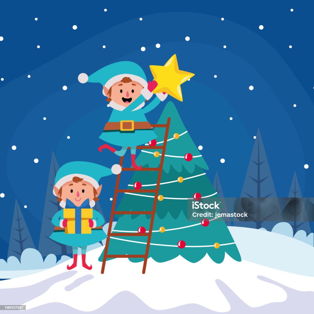 Vetores de Duendes De Natal Dos Desenhos Animados Que Põr Uma Estrela Em  Uma Árvore De Natal e mais imagens de Formato de Estrela - iStock