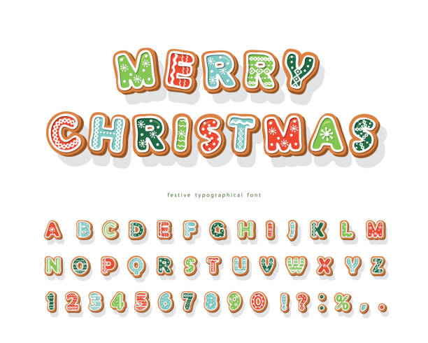 weihnachten lebkuchen cookie schriftart. hand gezeichnet cartoon bunte alphabet für feiertage. keks-buchstaben und zahlen. vektor - plätzchen backen stock-grafiken, -clipart, -cartoons und -symbole