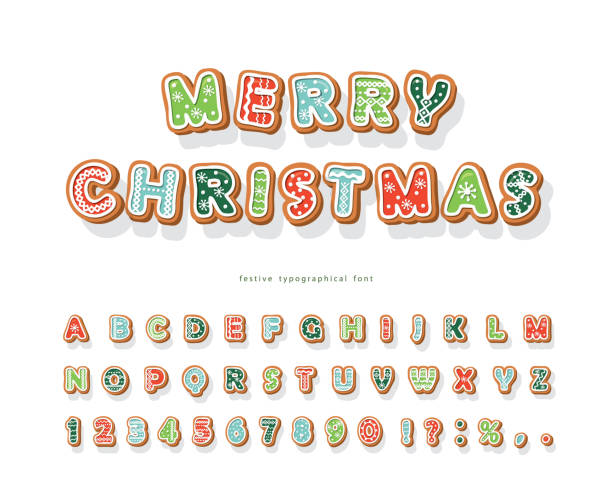 illustrations, cliparts, dessins animés et icônes de police de biscuit de pain d'épice de noel. alphabet coloré de dessin animé dessiné à la main pour des vacances. lettres et chiffres de biscuit. vecteur - cookie letter illustrations