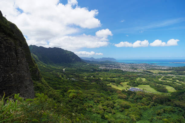 Looking Down on the Beauty of Kaneohe, Hawaii stock photo