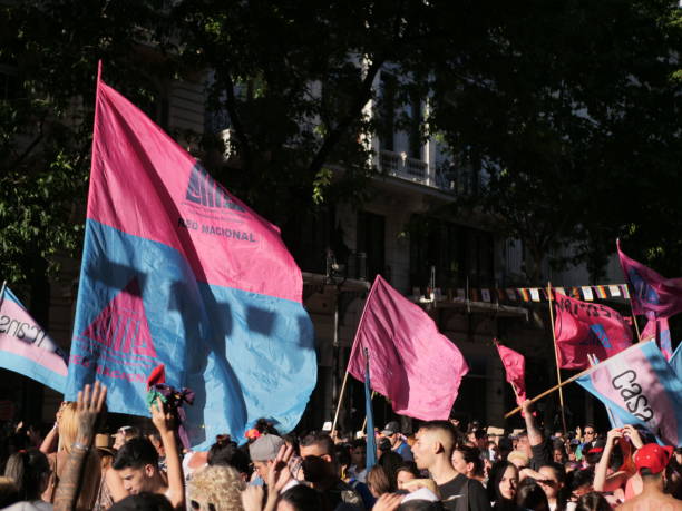 Buenos Aires, Argentina - Nov 2, 2019: Pride parade took place in capital of Argentina, gathering  LGBTQ+ community and supporters to march through the Av. de Mayo starting from Plaza de Mayo all the way down to Congress. More than 100.000 people join the event each year, starting from early 90s, blending political activism and partying.