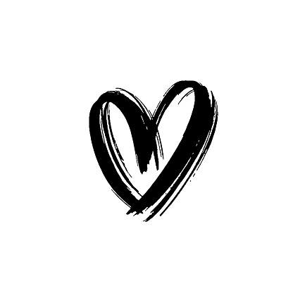 Black heart icon object. Hand drawn vector love symbol icon. Rough brush and marker heart. Ink illustration isolated on white background for Valentines and wedding. Linear design element.