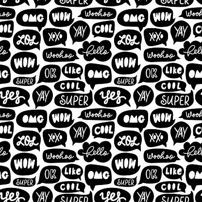Speech bubble vector seamless pattern. Silhouette doodle speech bubble with dialog words. Hand drawn set of black and white comic elements. Words: LOL, wow, xoxo, ok, super, cool, like, hello etc.