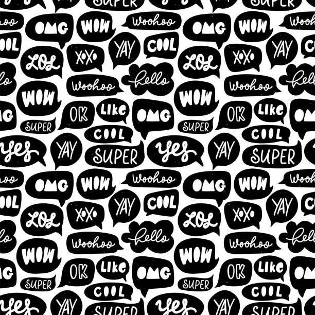 Speech bubble vector seamless pattern. Silhouette doodle speech bubble with dialog words. Speech bubble vector seamless pattern. Silhouette doodle speech bubble with dialog words. Hand drawn set of black and white comic elements. Words: LOL, wow, xoxo, ok, super, cool, like, hello etc. laughing illustrations stock illustrations