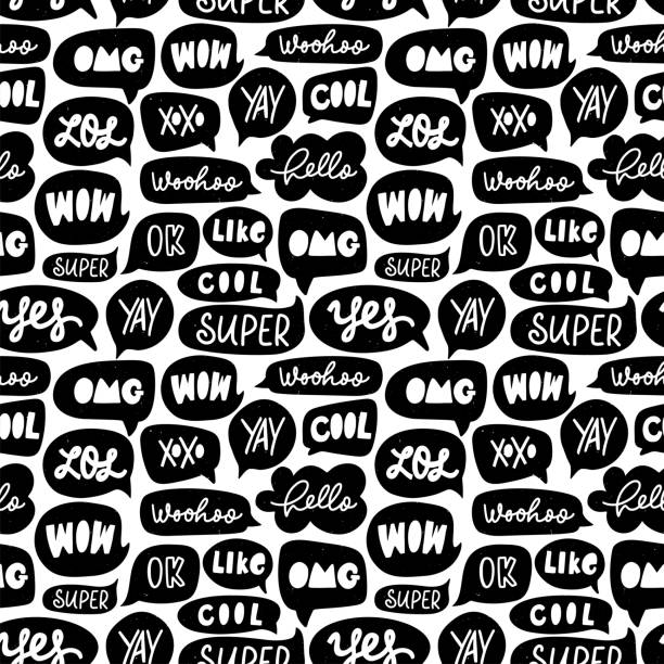Speech bubble vector seamless pattern. Silhouette doodle speech bubble with dialog words. Speech bubble vector seamless pattern. Silhouette doodle speech bubble with dialog words. Hand drawn set of black and white comic elements. Words: LOL, wow, xoxo, ok, super, cool, like, hello etc. black and white balloons stock illustrations