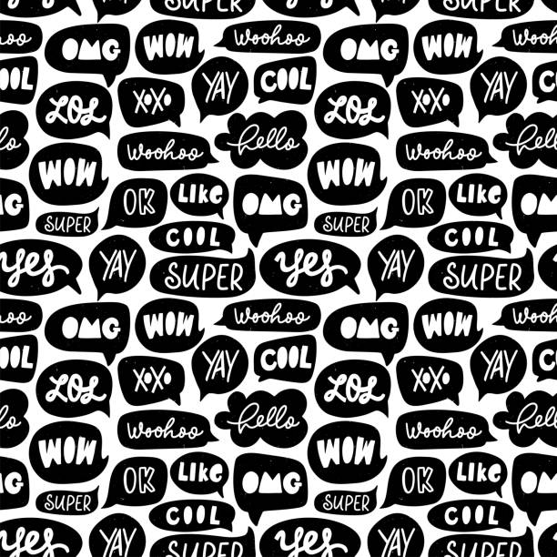 Speech bubble vector seamless pattern. Silhouette doodle speech bubble with dialog words. Speech bubble vector seamless pattern. Silhouette doodle speech bubble with dialog words. Hand drawn set of black and white comic elements. Words: LOL, wow, xoxo, ok, super, cool, like, hello etc. black and white backgrounds stock illustrations