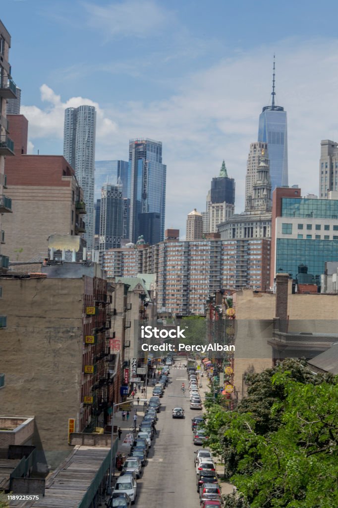 View of Freedom Tower and skyline in Chinatown, New York City  Architecture Stock Photo