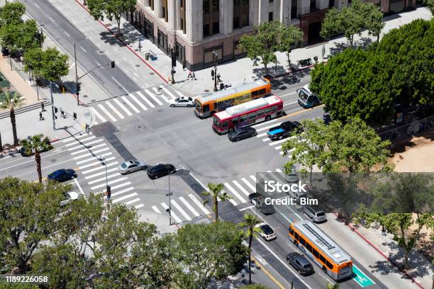 Traffic In Los Angeles Aerial View Stock Photo - Download Image Now - Bus, Road Intersection, City