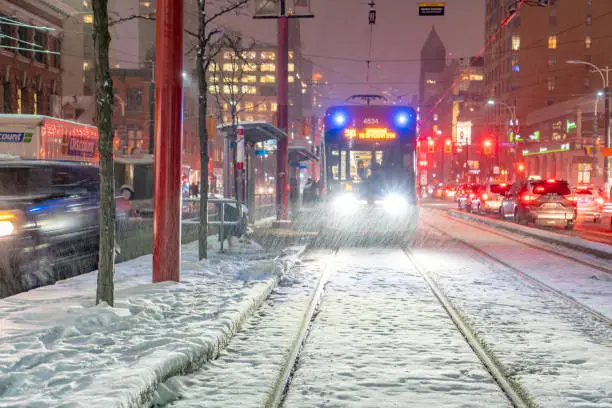 Street car in snowing, Toronto,Canada.