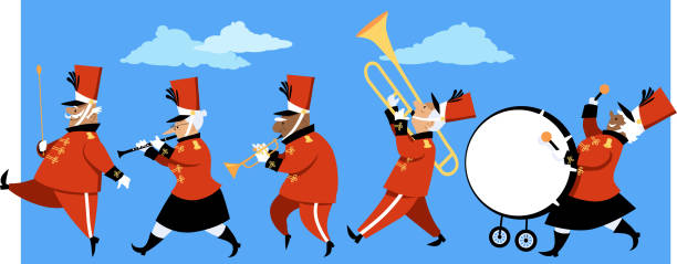 ilustraciones, imágenes clip art, dibujos animados e iconos de stock de banda de marcha de personas mayores - parade marching band trumpet musical instrument