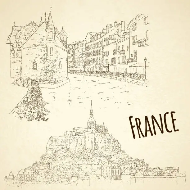 Vector illustration of Set of city sketching. Line art silhouette. Travel card. Tourism concept. France, Mont Saint-Michel, Annecy. Vector illustration.