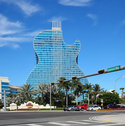 Hollywood, Florida  USA- November 20, 2019:  Guitar shaped hotel built by the Seminole Indian Tribe, with 638 guest rooms and more facilities, an unusual and original design for a hotel.