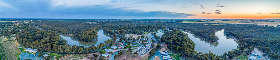 Multiple bends of Murray River at sunset in Moama, NSW, Australia
