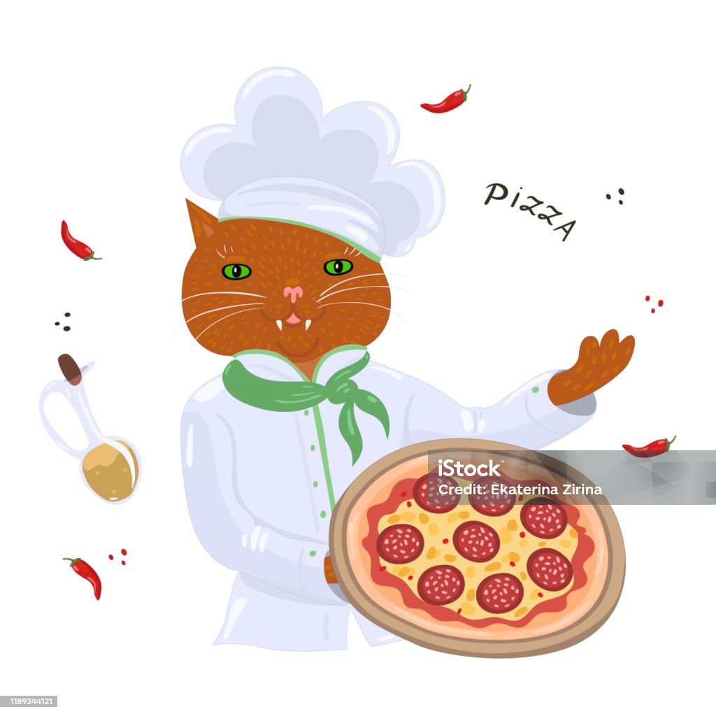 Cat Cook Vector Cat Cook With Pepperoni Pizza Isolated On A White Background Vector ...
