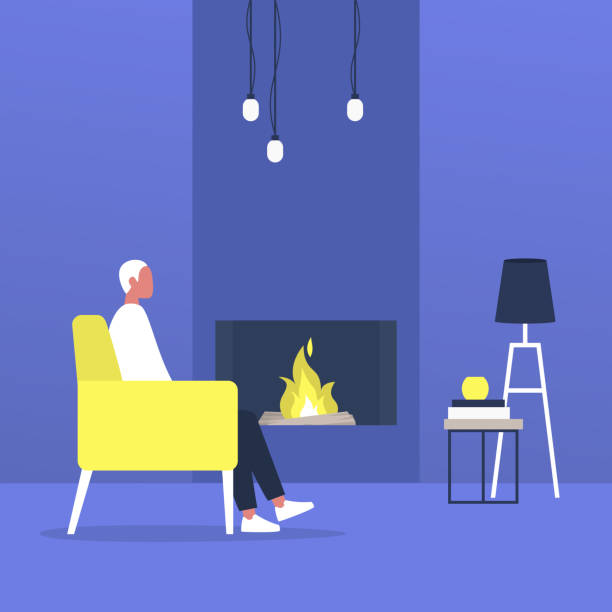 Young male character sitting next to a fireplace, modern living room interior Young male character sitting next to a fireplace, modern living room interior meditation room stock illustrations