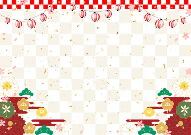 Japanese new year background  checkered pattern and flowers Japanese new year background  checkered pattern and flowers ticker tape parade stock illustrations