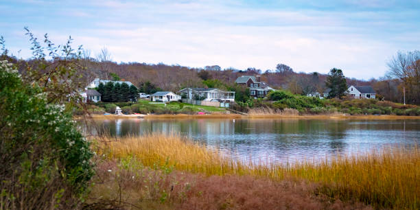 American waterfront neighborhood in autumn stock photo