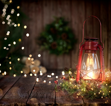 Christmas Vintage Lantern on Old Wood Background