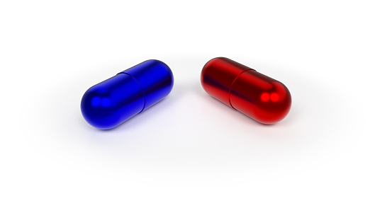 Blue and red pill on white background.