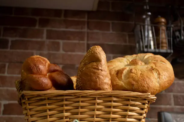 square bread basket with some bread ready for breakfast