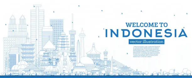 Vector illustration of Outline Welcome to Indonesia Skyline with Blue Buildings.