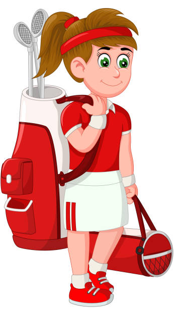 забавная девушка-гольфист в красно-белой униформе мультфильм - golf child sport humor stock illustrations