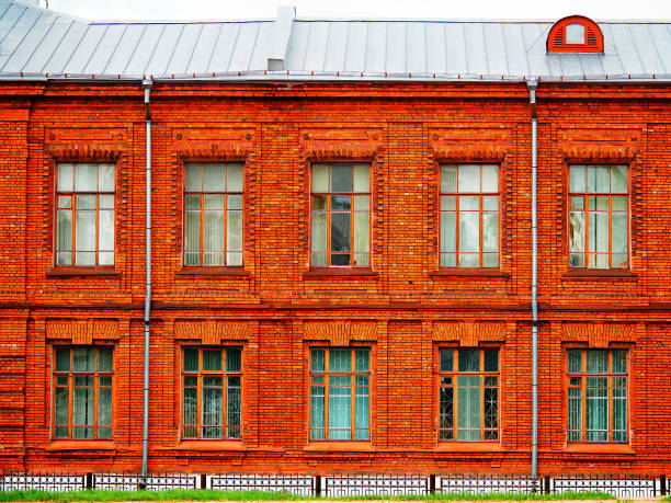 Symmetric front side of brick house architecture background