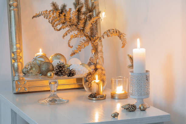 istock Christmas golden decor in white interior 1189267860