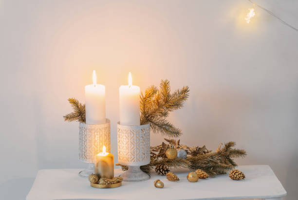 istock Christmas golden decor in white interior 1189267861