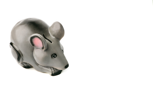 Isolate. Piggy Bank in the form of a gray mouse, a rat stands on a white isolated background on the left. On the right there is a place under the signature