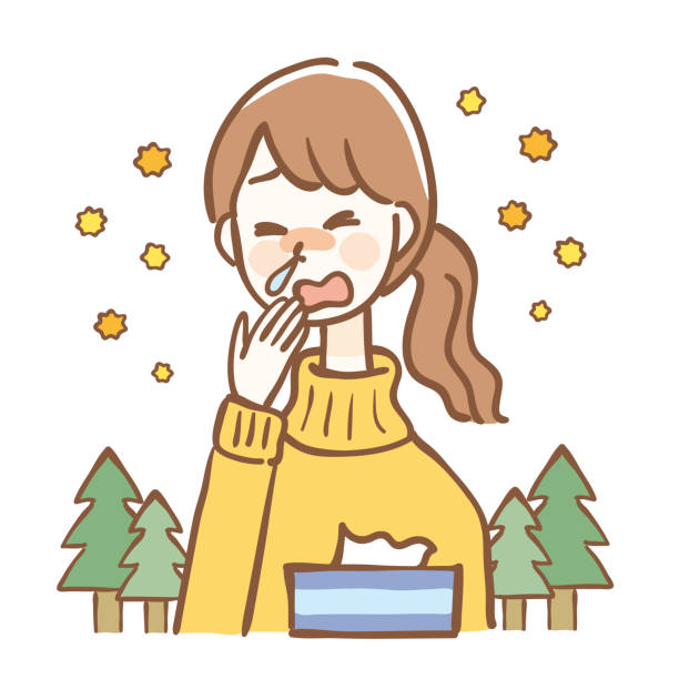 ilustrações de stock, clip art, desenhos animados e ícones de woman with rhinitis due to hay fever - lone cypress tree