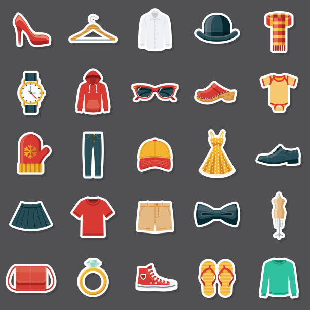 Clothing Sticker Set A set of flat design sticker icons. File is built in the CMYK color space for optimal printing. Color swatches are global so it’s easy to edit and change the colors. mens fashion stock illustrations