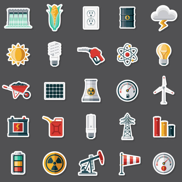 에너지 스티커 세트 - fuel gauge fossil fuel fuel and power generation gauge stock illustrations