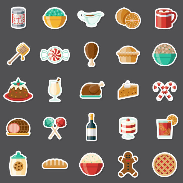 Holiday Foods Sticker Set A set of flat design sticker icons. File is built in the CMYK color space for optimal printing. Color swatches are global so it’s easy to edit and change the colors. cranberry sauce stock illustrations