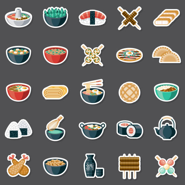 Japanese Food Sticker Set A set of flat design sticker icons. File is built in the CMYK color space for optimal printing. Color swatches are global so it’s easy to edit and change the colors. japanese food icon stock illustrations