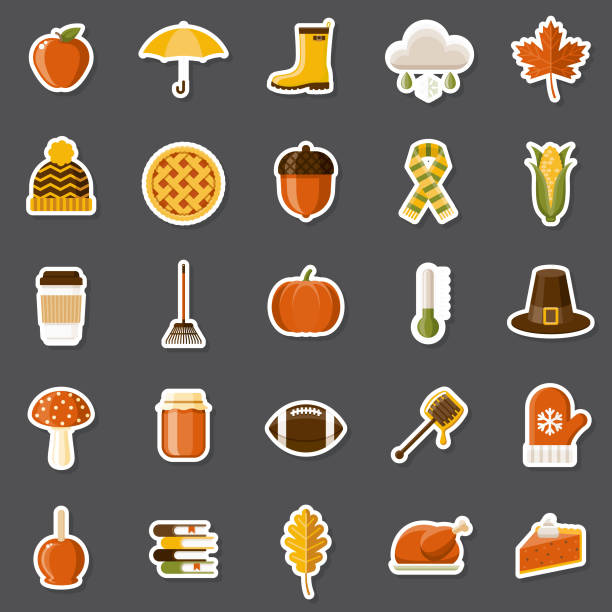 Autumn Sticker Set A set of flat design sticker icons. File is built in the CMYK color space for optimal printing. Color swatches are global so it’s easy to edit and change the colors. thanksgiving holiday icons stock illustrations