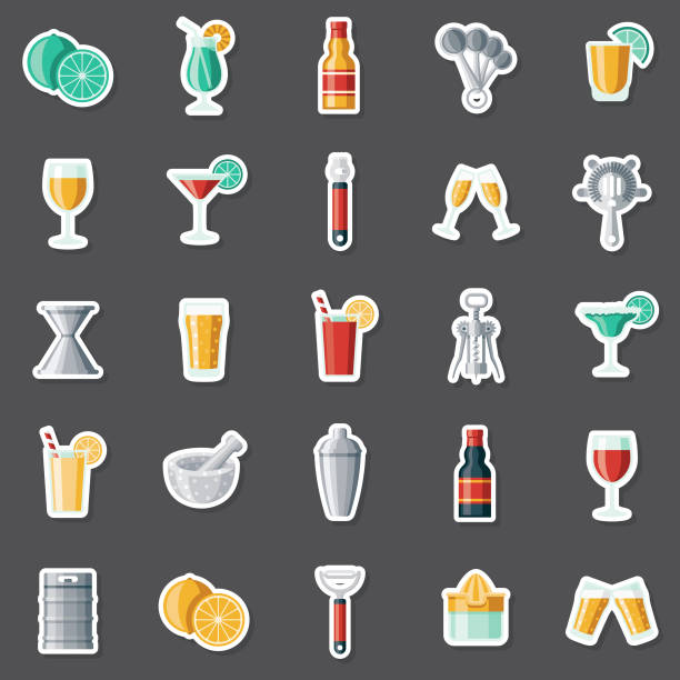 zestaw naklejek barmańskowych - shot glass glass alcohol color image stock illustrations