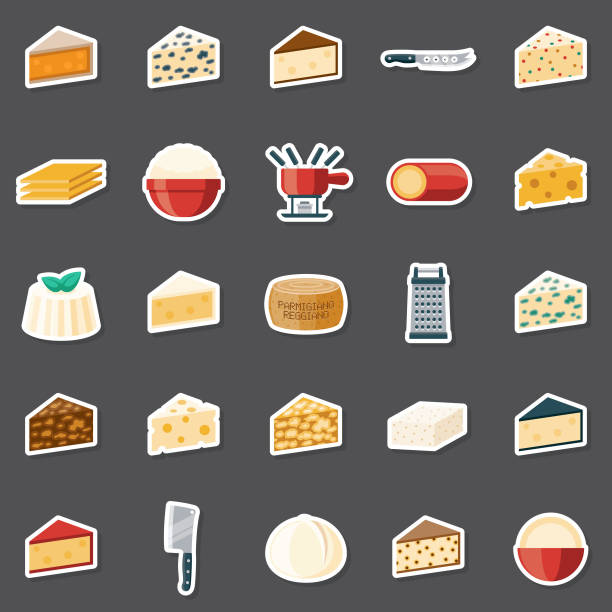Cheese Sticker Set A set of flat design sticker icons. File is built in the CMYK color space for optimal printing. Color swatches are global so it’s easy to edit and change the colors. fondue stock illustrations