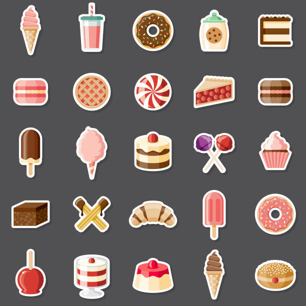 Dessert Sticker Set A set of flat design sticker icons. File is built in the CMYK color space for optimal printing. Color swatches are global so it’s easy to edit and change the colors. dessert stock illustrations